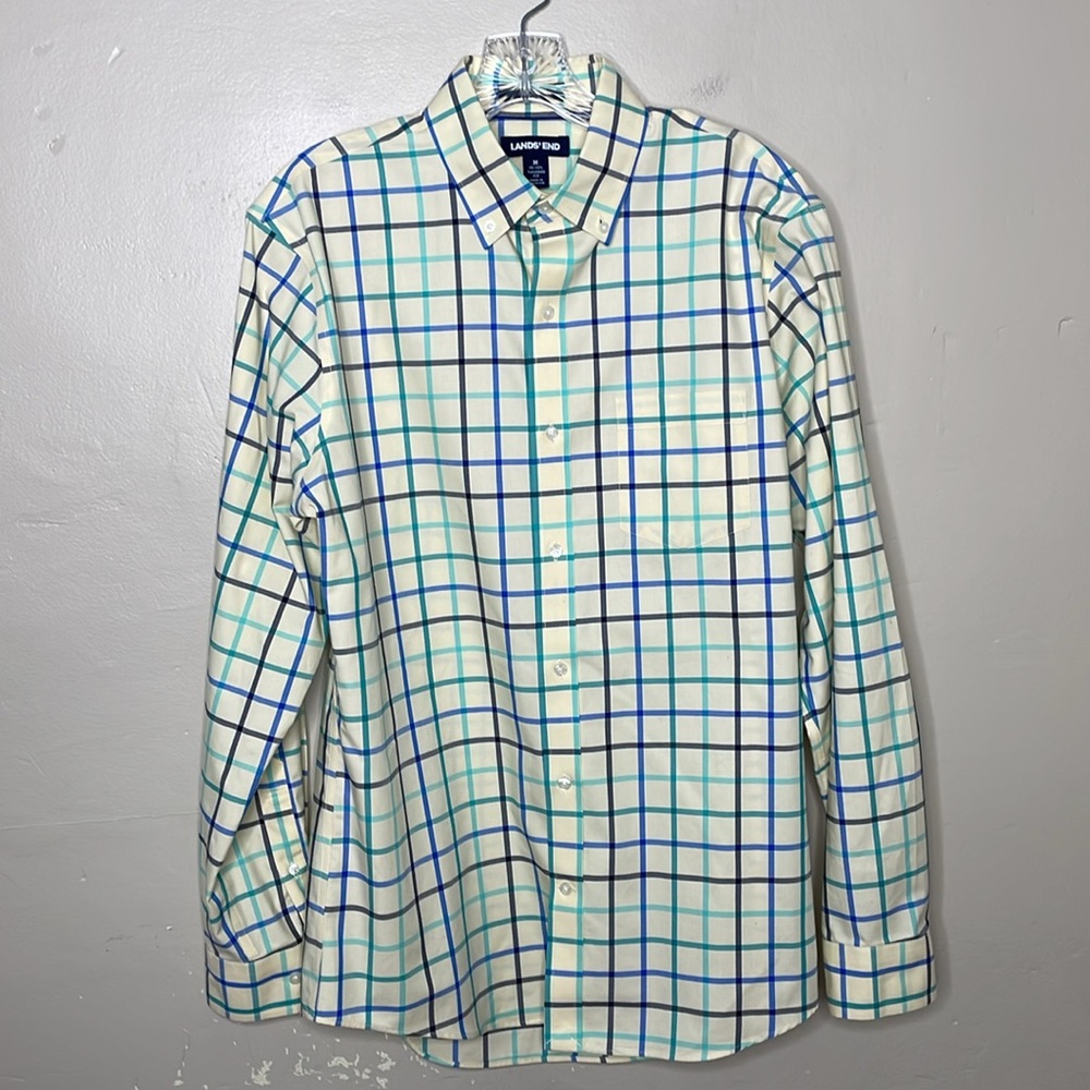 LAND’S END No Iron Twill Button Down Shirt, Yellow, Blue, & Green Windowpane Md